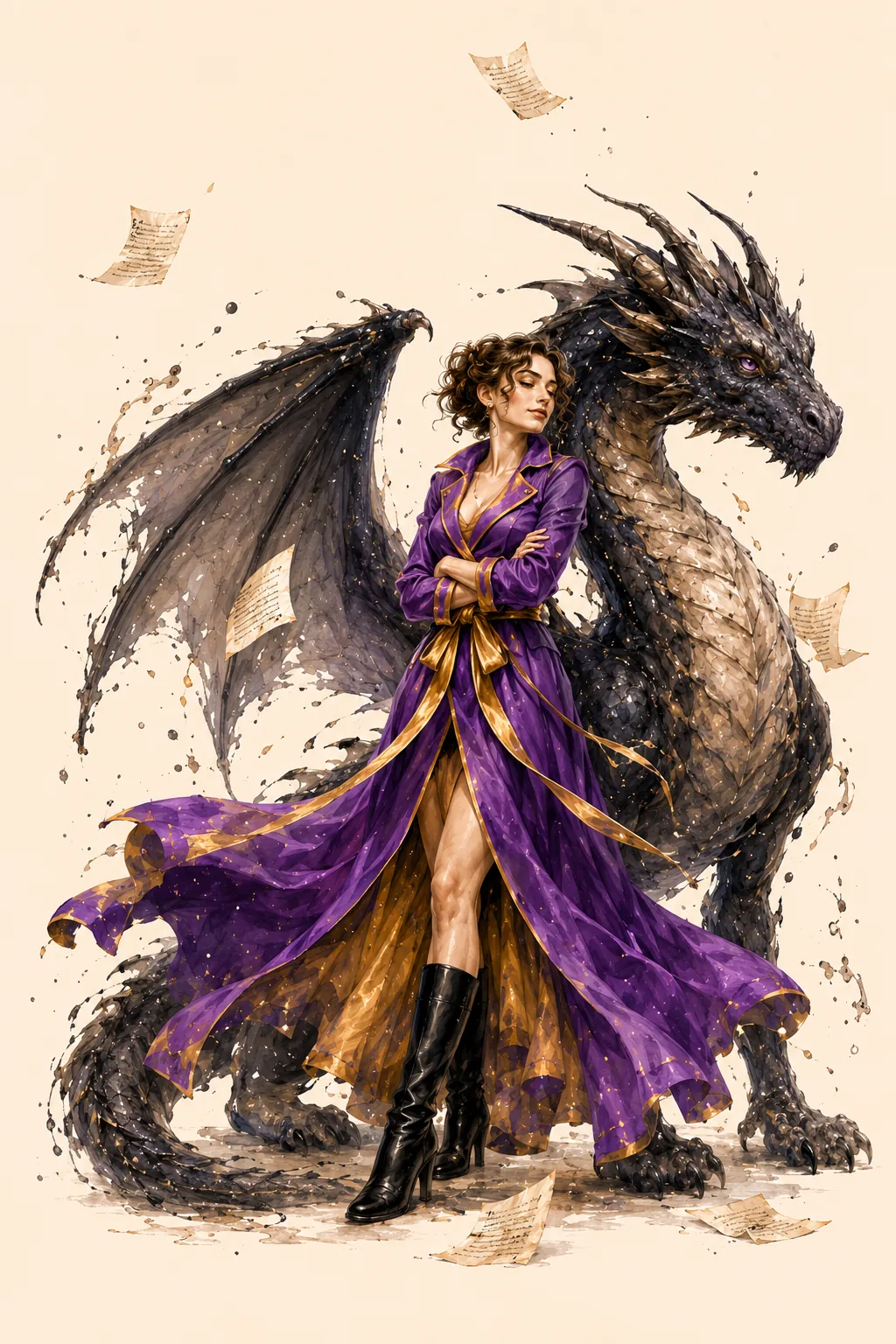 InkJaw the ink dragon standing behind the heroine, story pages drifting around them