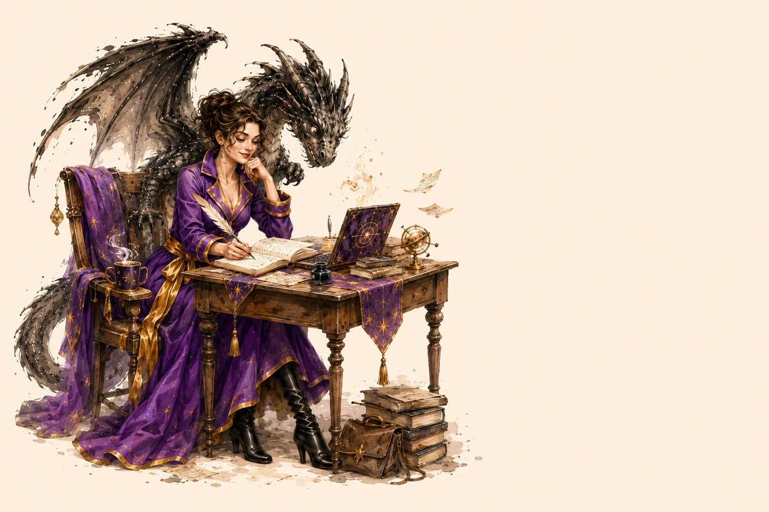 Heroine tossing pages into the air with her dragon