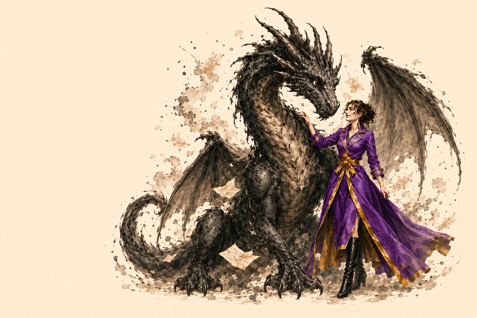 InkJaw's heroine leading her dragon companion through a swirl of story pages