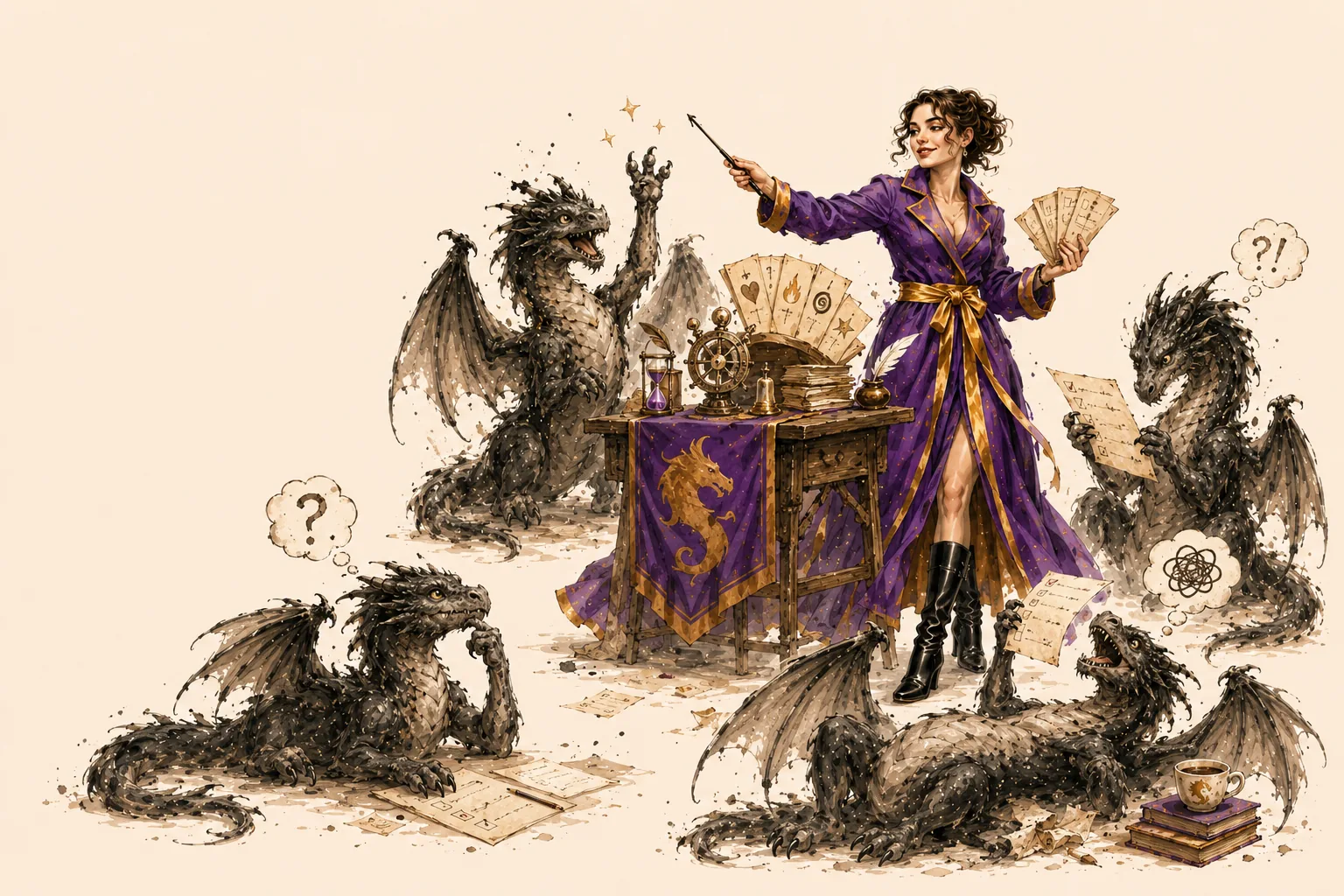 Heroine dealing quiz cards to a circle of curious dragons