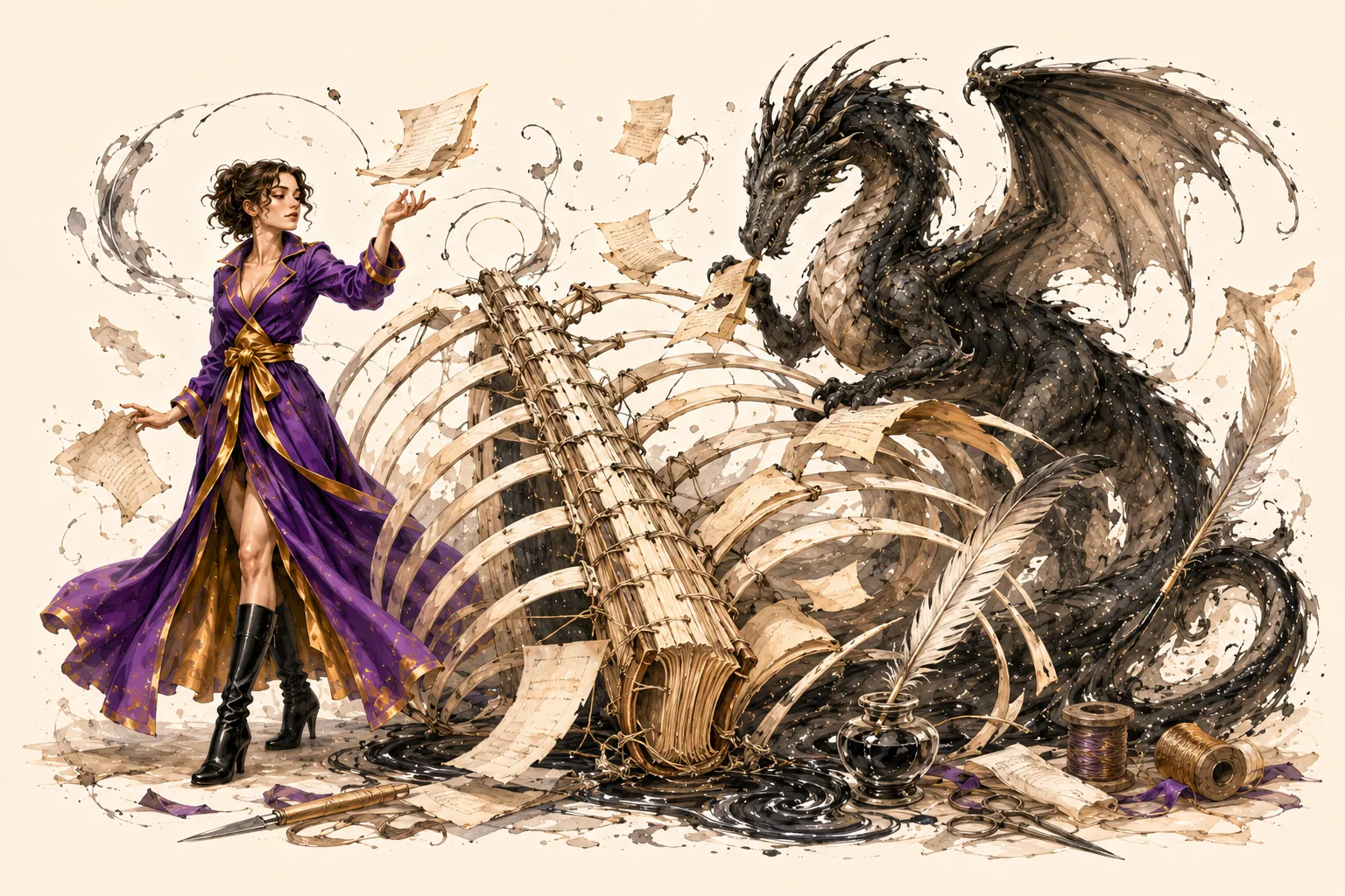 The heroine and dragon at a work desk, plans spread out