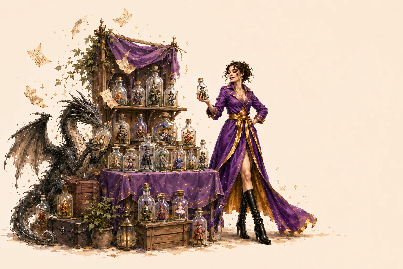 Heroine at a market stall of bottled character sketches, with her dragon
