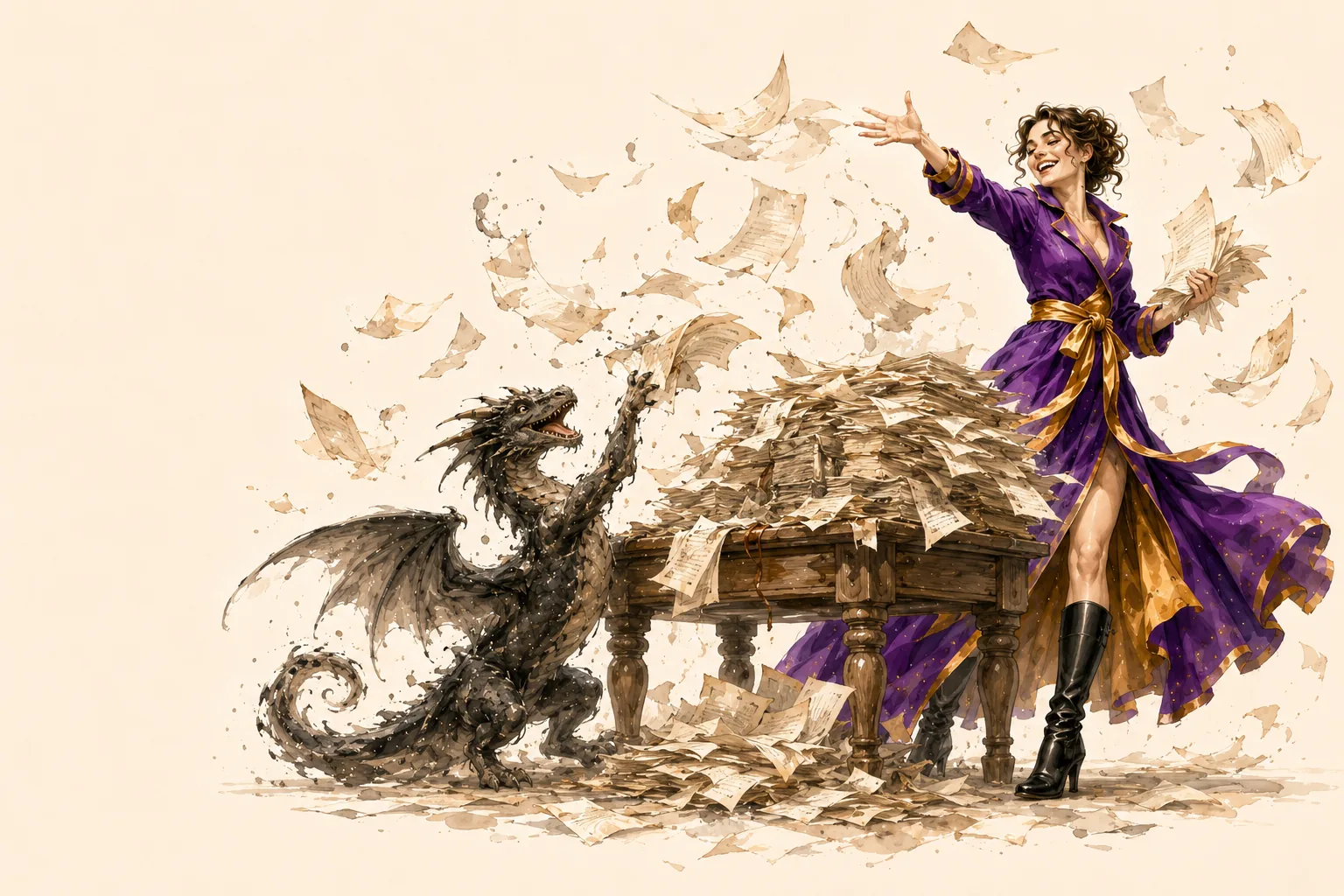 Heroine and dragon surrounded by floating writing prompts