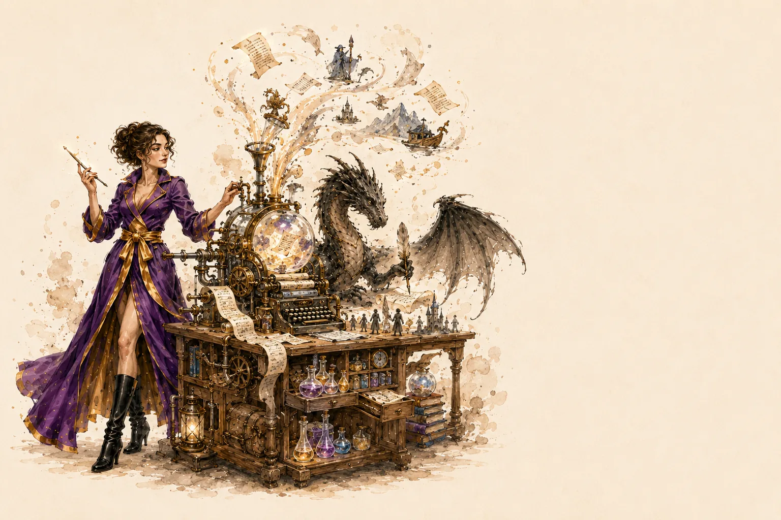 Heroine with a wand and her dragons conjuring floating story pages